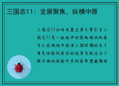 三国志11：全屏聚焦，纵横中原
